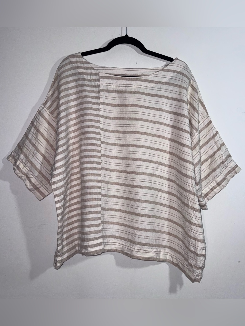 Pure Jill Linen Striped Boxy Top 1X Oversized Short Sleeve Beige